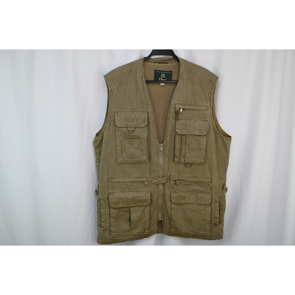 Orvis Mens Large Utility Fishing Vest Greenish Tan Multi Pocket Mesh Lined L